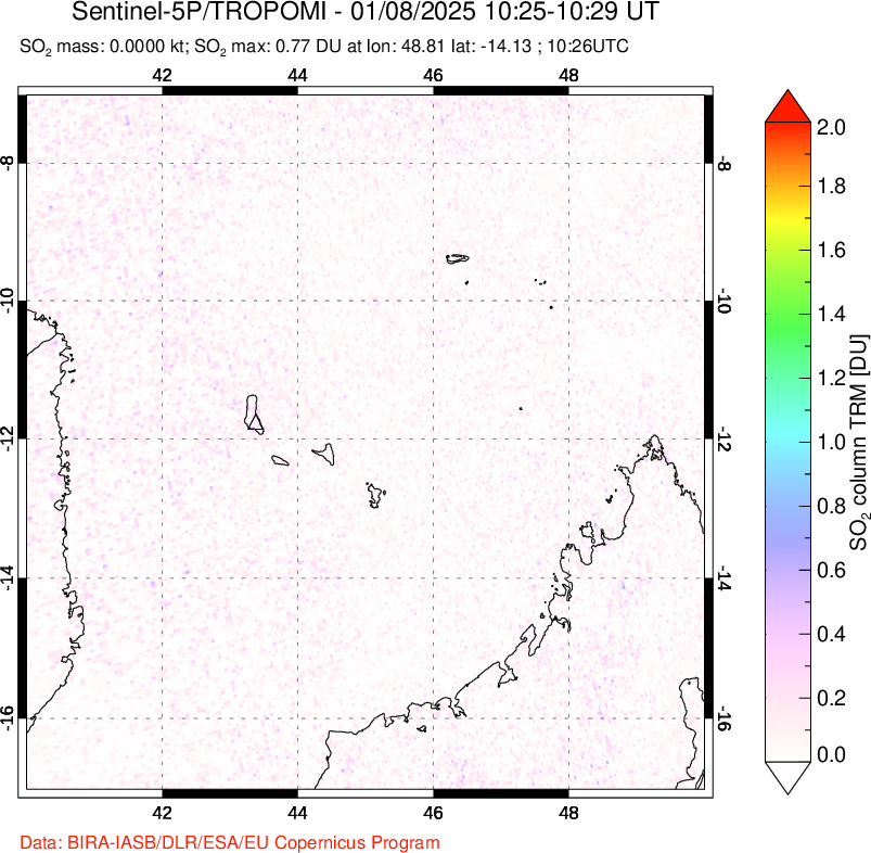 A sulfur dioxide image over Comoro Islands on Jan 08, 2025.