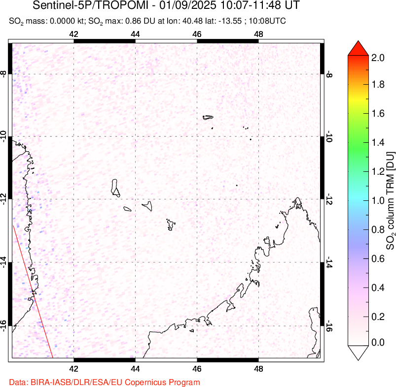 A sulfur dioxide image over Comoro Islands on Jan 09, 2025.