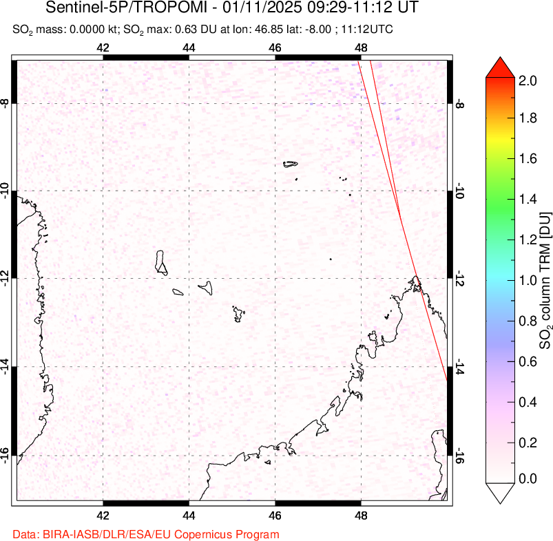 A sulfur dioxide image over Comoro Islands on Jan 11, 2025.