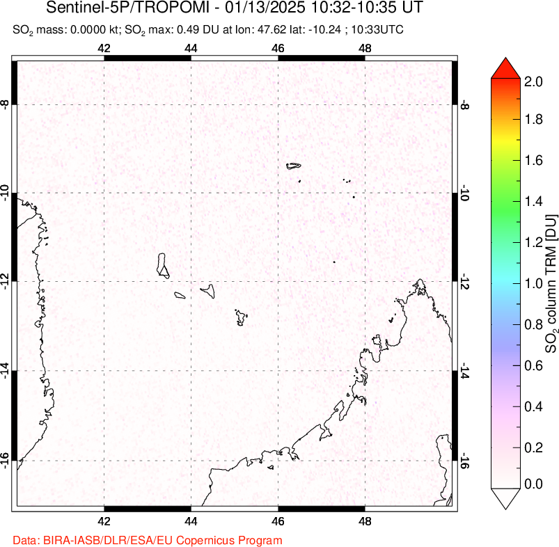 A sulfur dioxide image over Comoro Islands on Jan 13, 2025.