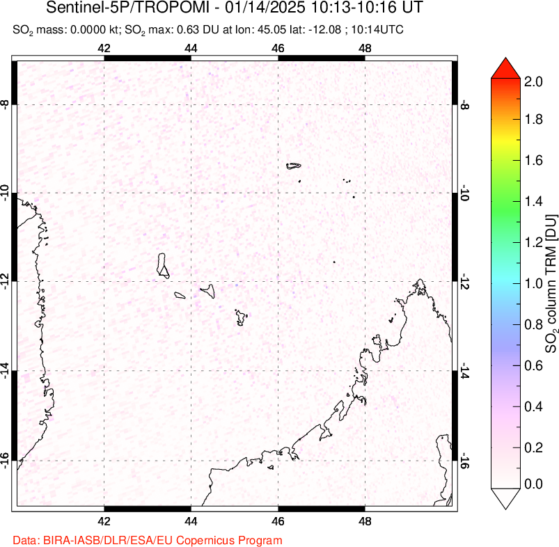 A sulfur dioxide image over Comoro Islands on Jan 14, 2025.