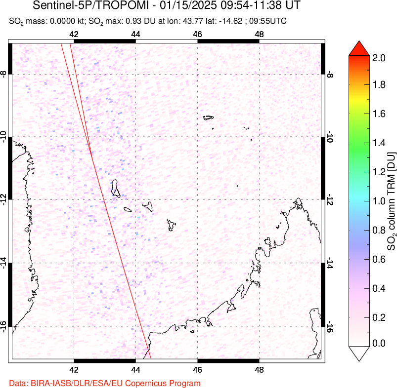 A sulfur dioxide image over Comoro Islands on Jan 15, 2025.