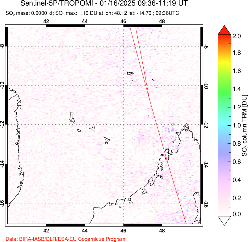 A sulfur dioxide image over Comoro Islands on Jan 16, 2025.