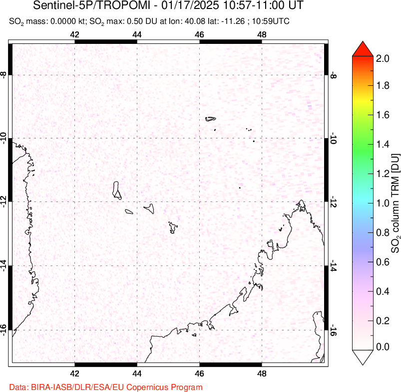 A sulfur dioxide image over Comoro Islands on Jan 17, 2025.