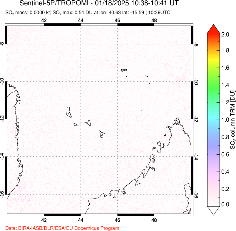 A sulfur dioxide image over Comoro Islands on Jan 18, 2025.