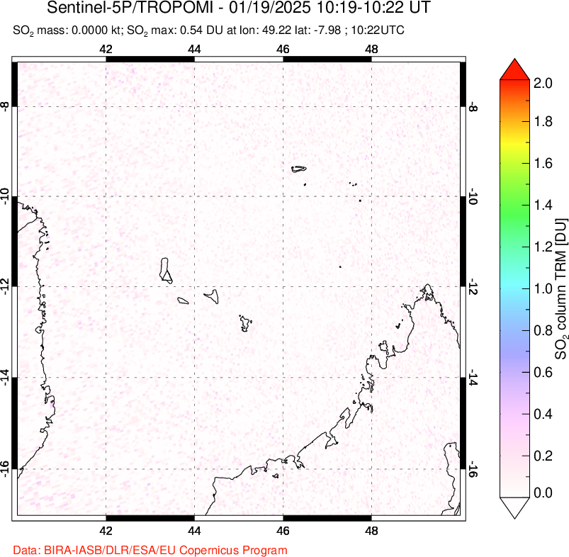 A sulfur dioxide image over Comoro Islands on Jan 19, 2025.