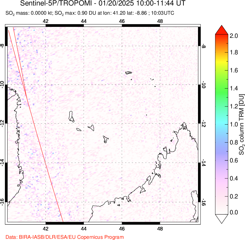 A sulfur dioxide image over Comoro Islands on Jan 20, 2025.