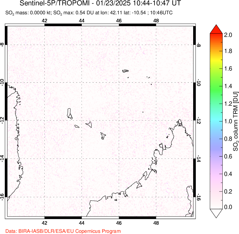 A sulfur dioxide image over Comoro Islands on Jan 23, 2025.