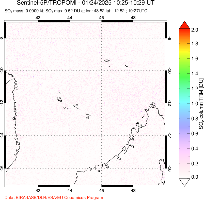 A sulfur dioxide image over Comoro Islands on Jan 24, 2025.