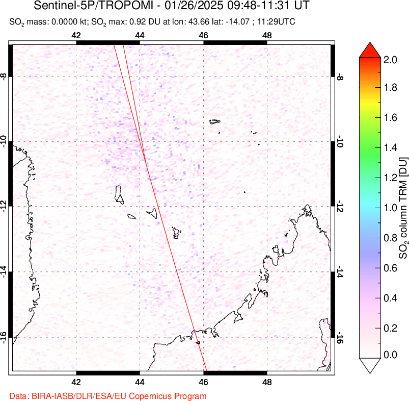 A sulfur dioxide image over Comoro Islands on Jan 26, 2025.