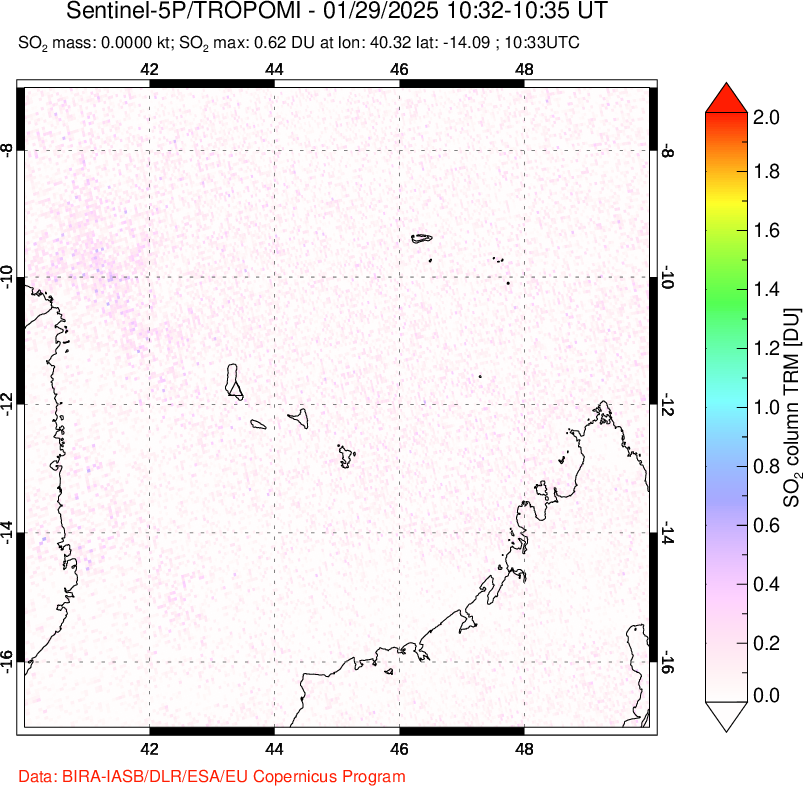 A sulfur dioxide image over Comoro Islands on Jan 29, 2025.