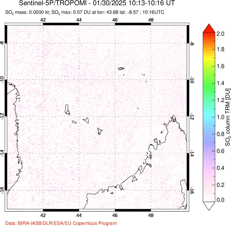 A sulfur dioxide image over Comoro Islands on Jan 30, 2025.