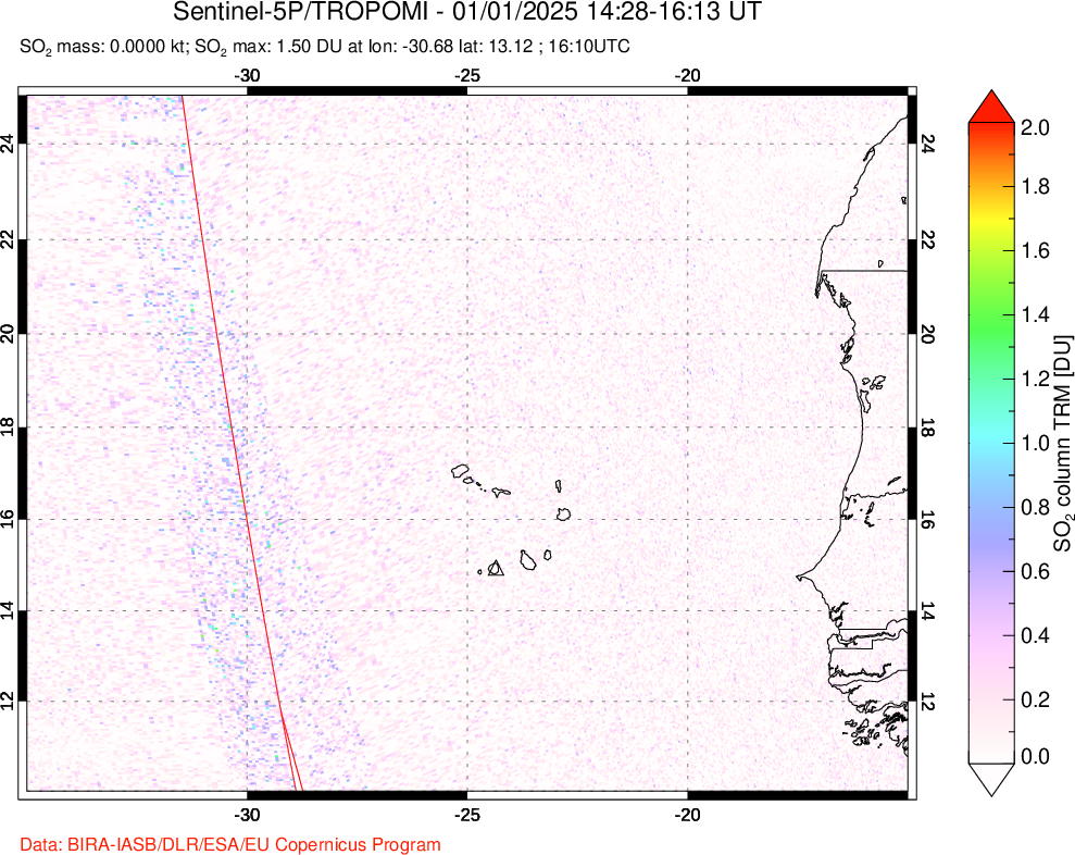 A sulfur dioxide image over Cape Verde Islands on Jan 01, 2025.