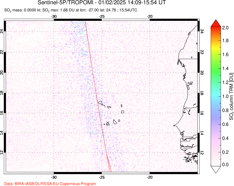 A sulfur dioxide image over Cape Verde Islands on Jan 02, 2025.