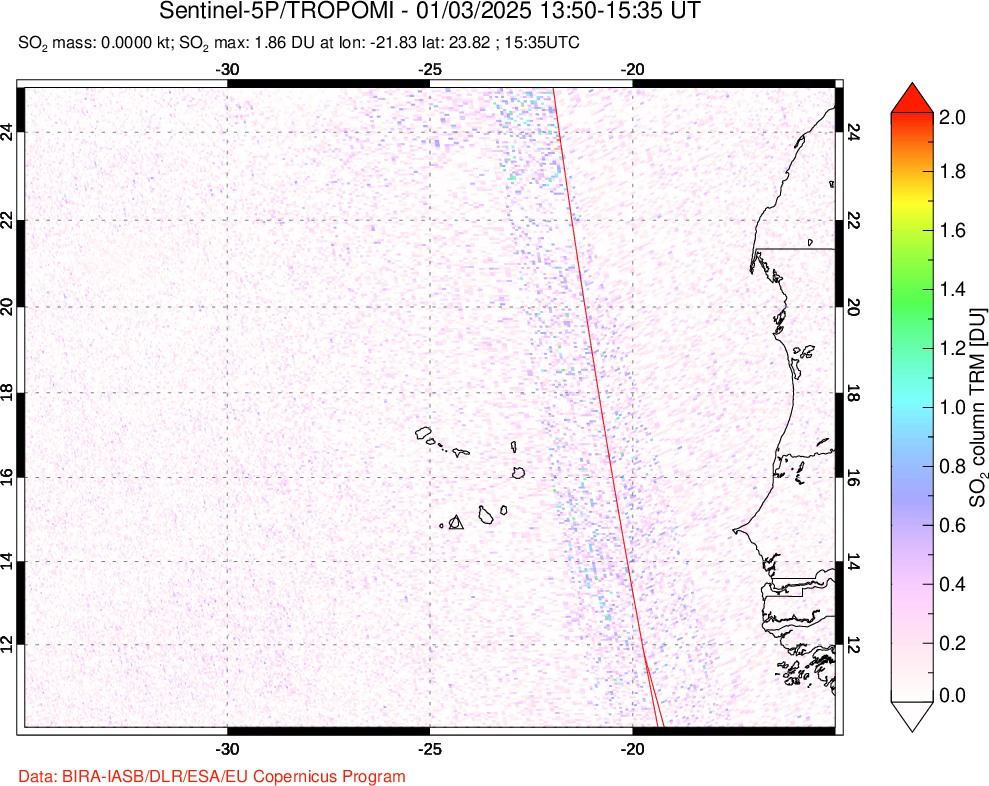 A sulfur dioxide image over Cape Verde Islands on Jan 03, 2025.