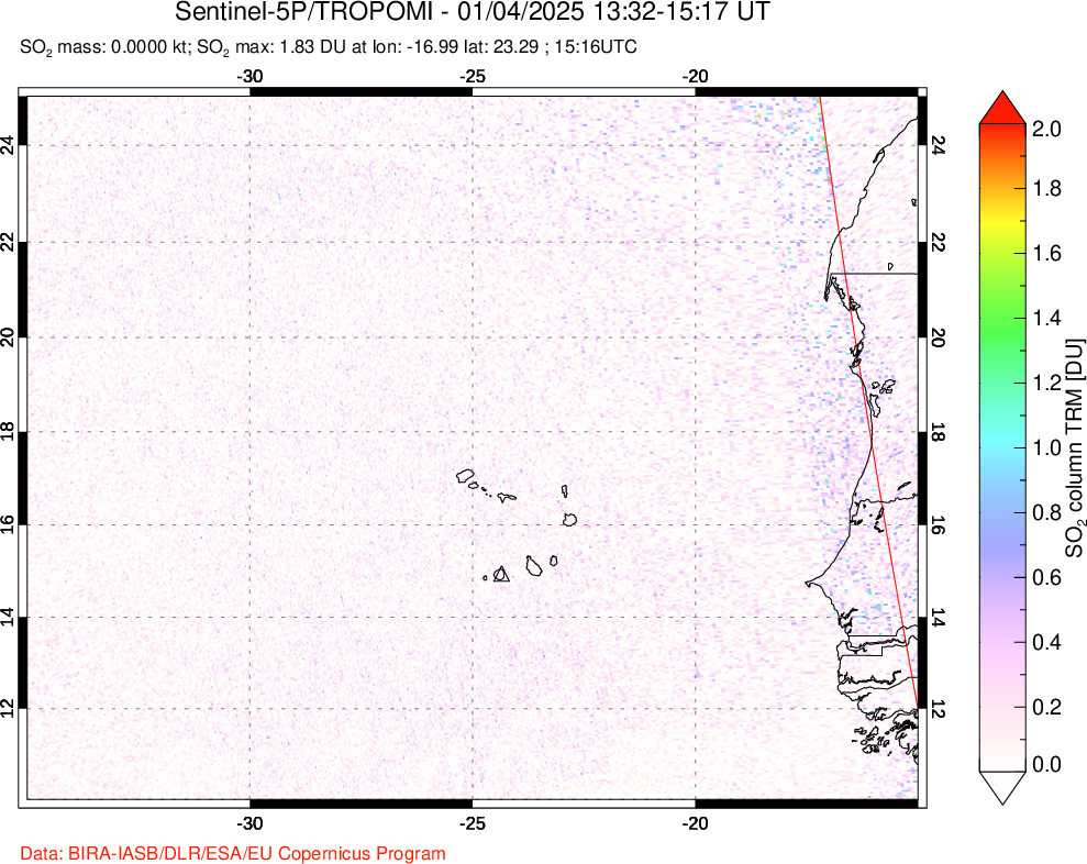 A sulfur dioxide image over Cape Verde Islands on Jan 04, 2025.