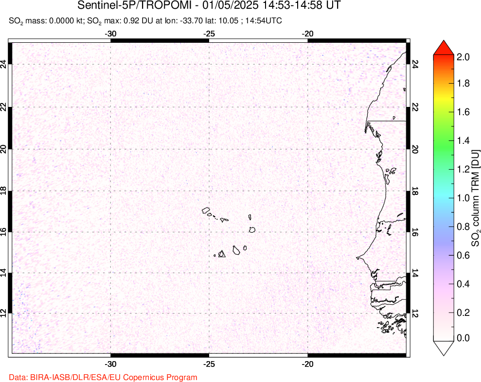 A sulfur dioxide image over Cape Verde Islands on Jan 05, 2025.