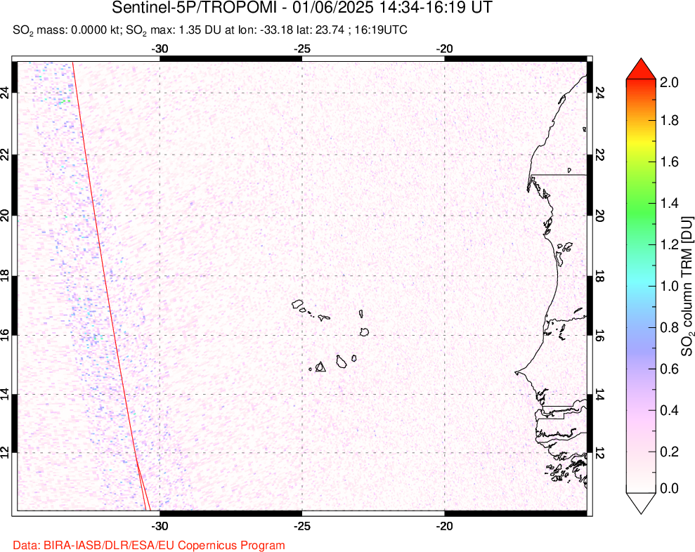 A sulfur dioxide image over Cape Verde Islands on Jan 06, 2025.