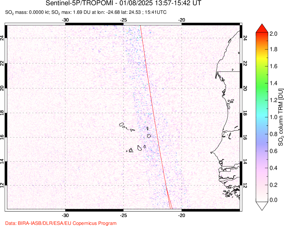 A sulfur dioxide image over Cape Verde Islands on Jan 08, 2025.