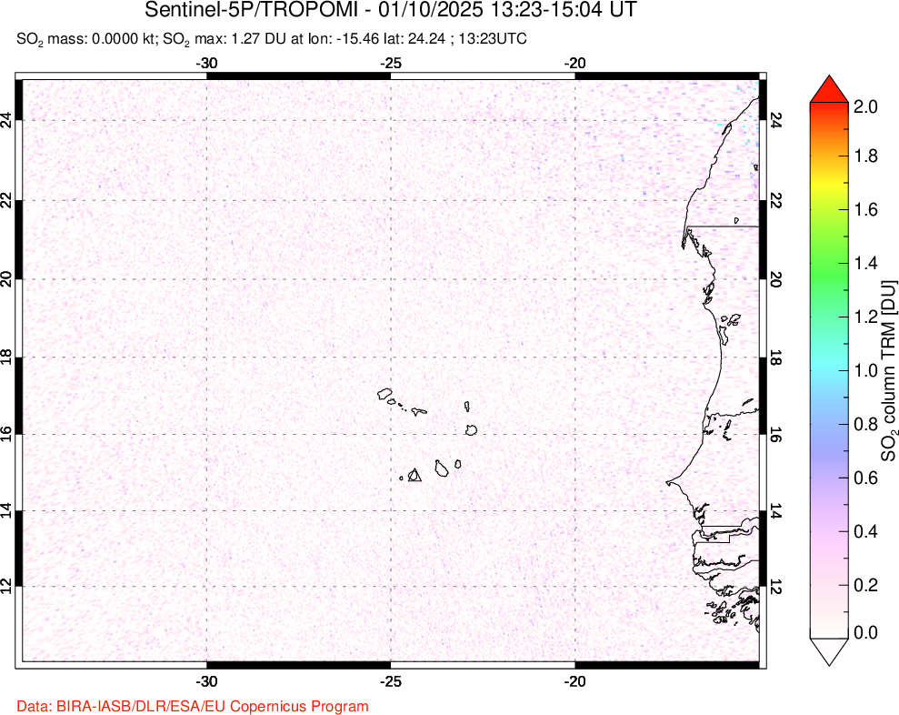 A sulfur dioxide image over Cape Verde Islands on Jan 10, 2025.