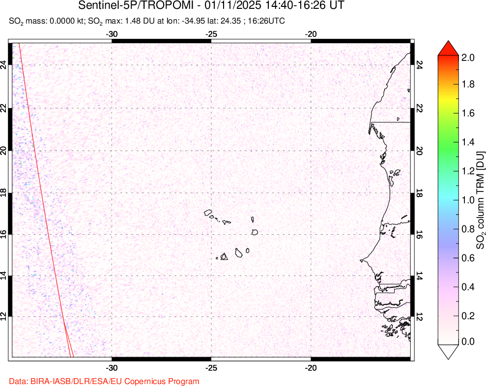 A sulfur dioxide image over Cape Verde Islands on Jan 11, 2025.