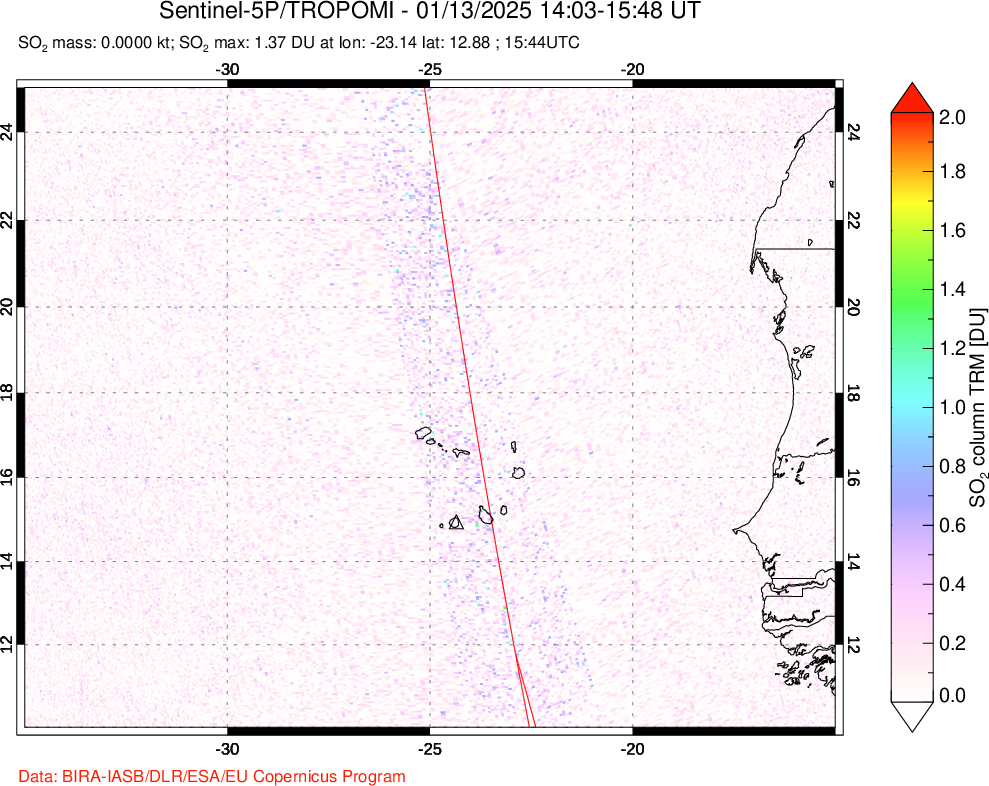 A sulfur dioxide image over Cape Verde Islands on Jan 13, 2025.