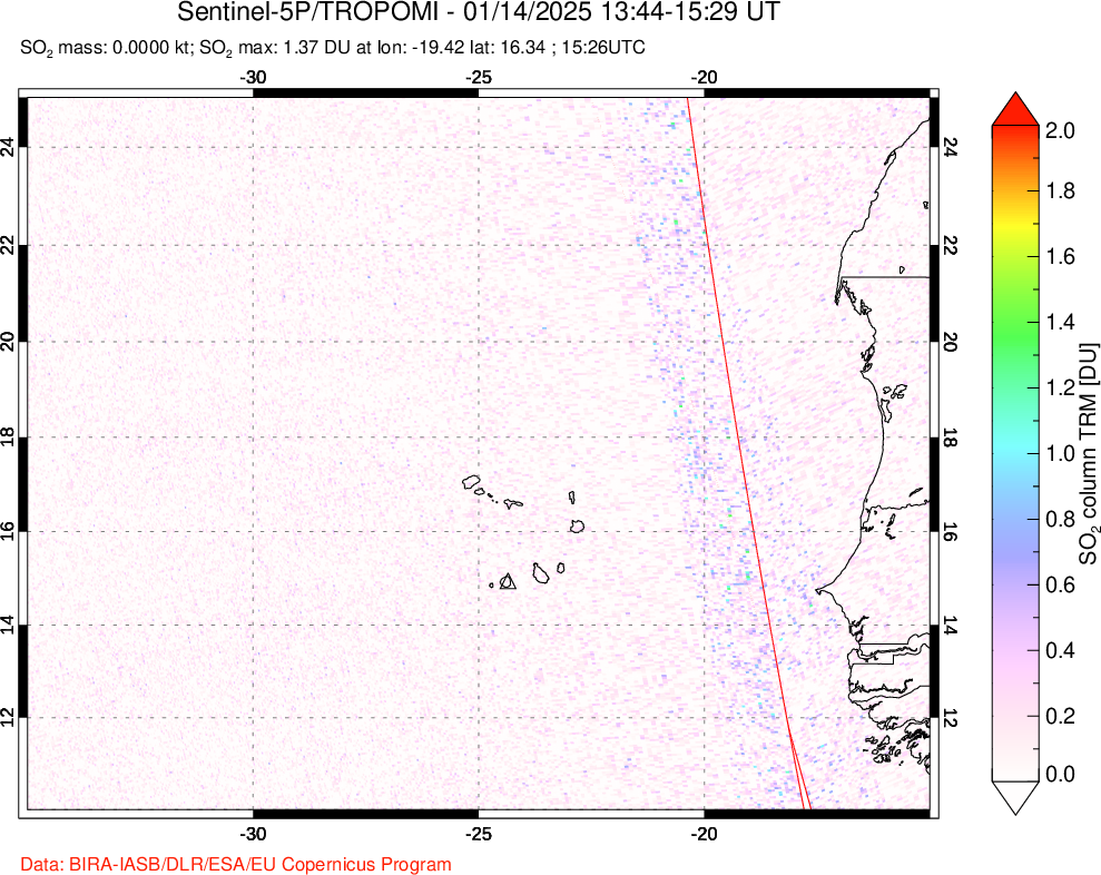 A sulfur dioxide image over Cape Verde Islands on Jan 14, 2025.