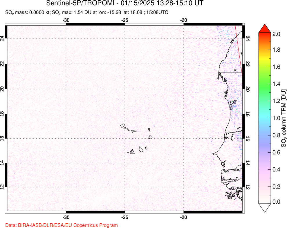 A sulfur dioxide image over Cape Verde Islands on Jan 15, 2025.