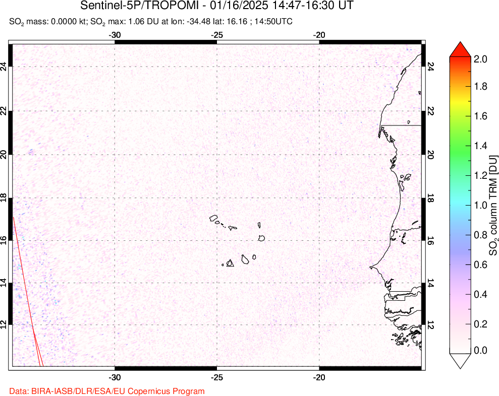 A sulfur dioxide image over Cape Verde Islands on Jan 16, 2025.