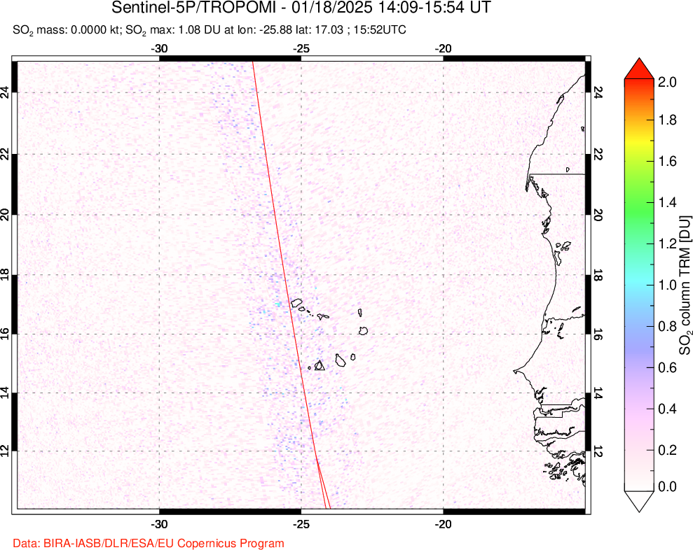 A sulfur dioxide image over Cape Verde Islands on Jan 18, 2025.