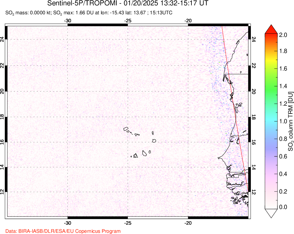 A sulfur dioxide image over Cape Verde Islands on Jan 20, 2025.