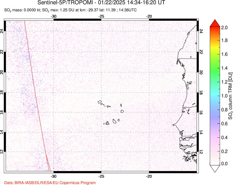 A sulfur dioxide image over Cape Verde Islands on Jan 22, 2025.