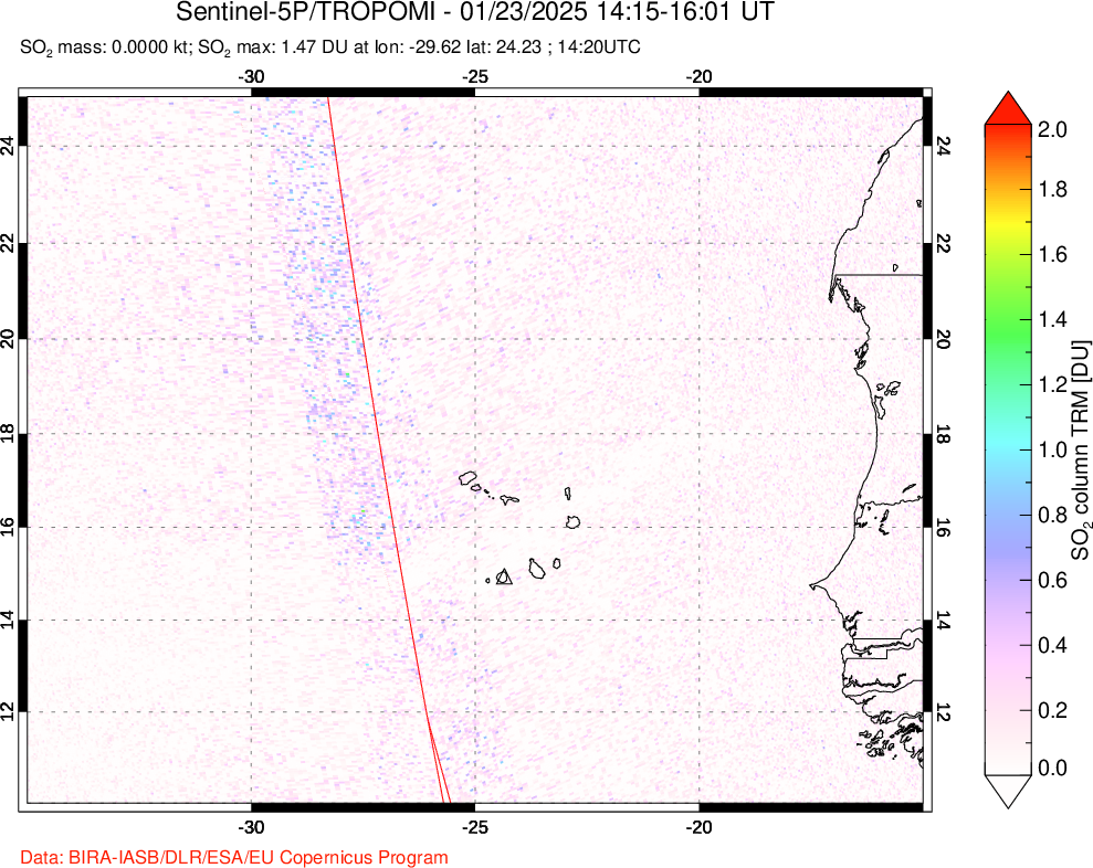 A sulfur dioxide image over Cape Verde Islands on Jan 23, 2025.