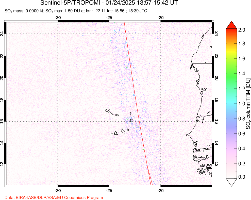 A sulfur dioxide image over Cape Verde Islands on Jan 24, 2025.