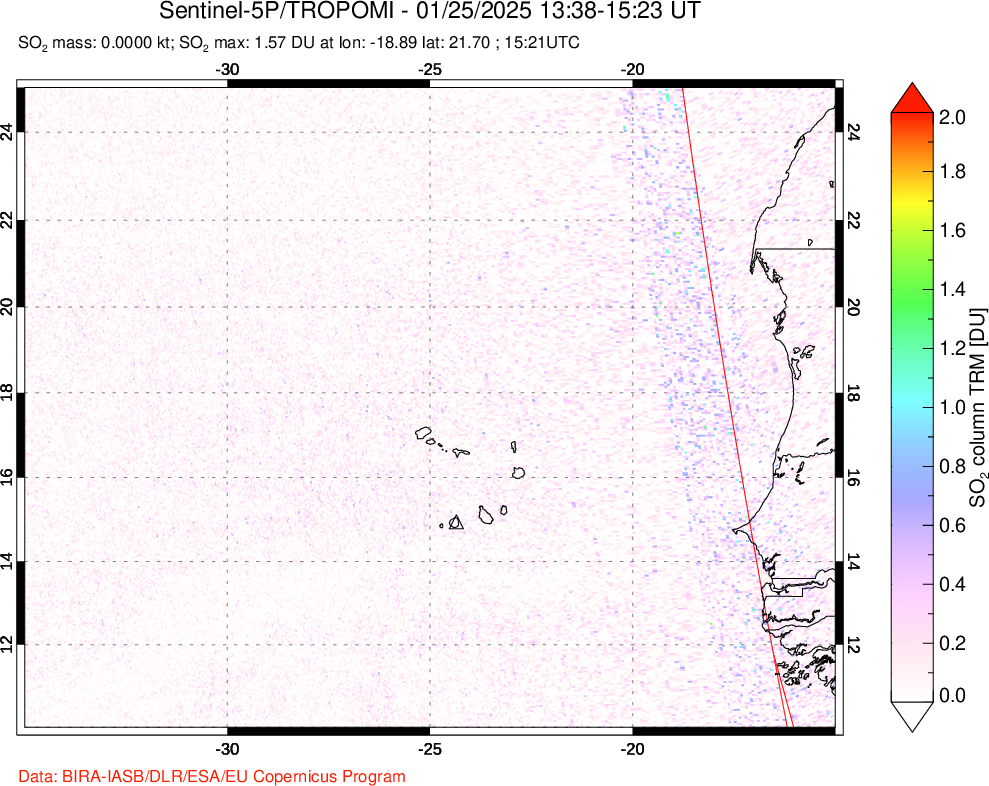 A sulfur dioxide image over Cape Verde Islands on Jan 25, 2025.