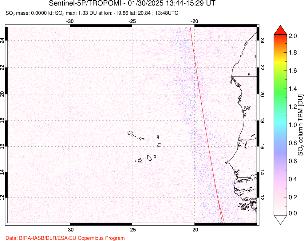 A sulfur dioxide image over Cape Verde Islands on Jan 30, 2025.