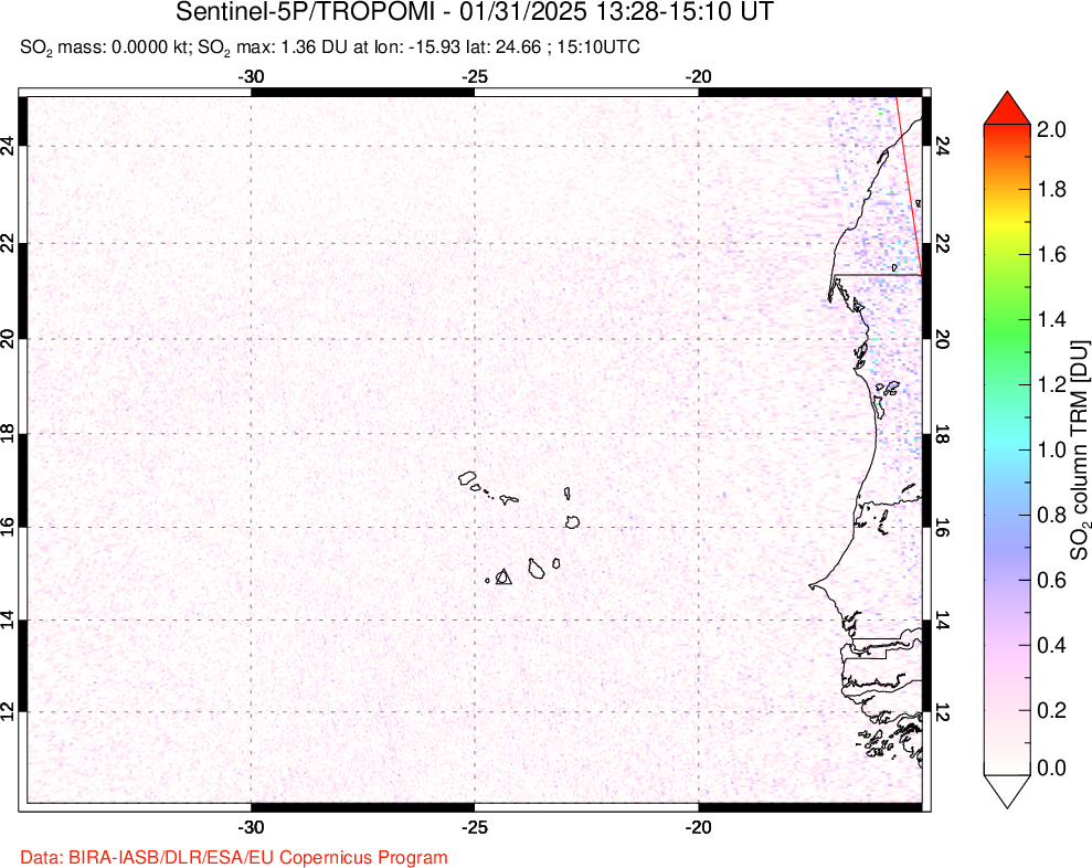 A sulfur dioxide image over Cape Verde Islands on Jan 31, 2025.