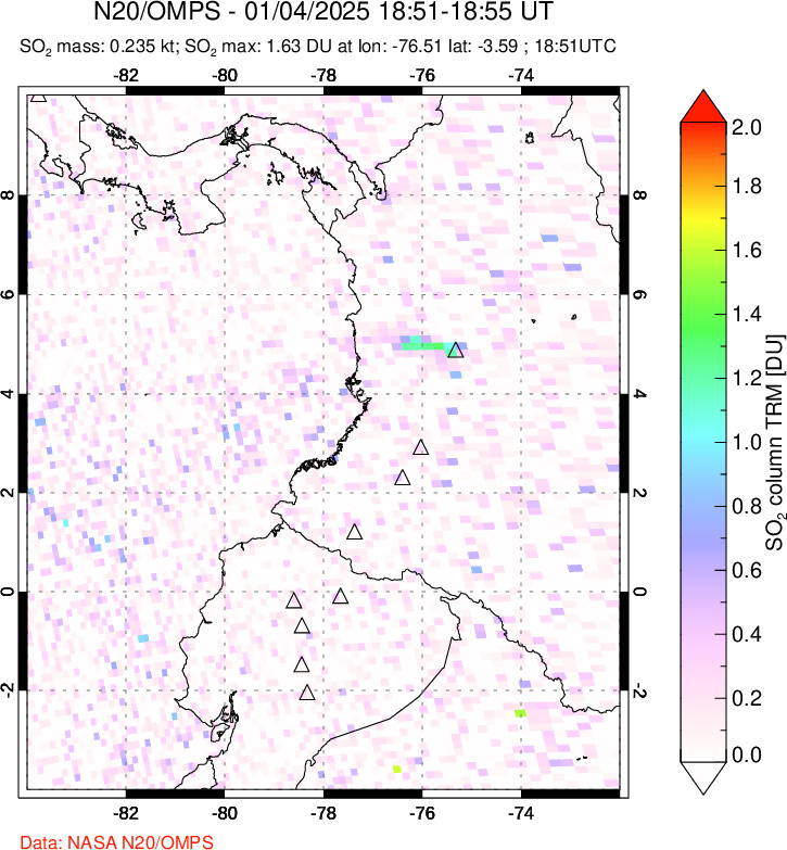 A sulfur dioxide image over Ecuador on Jan 04, 2025.