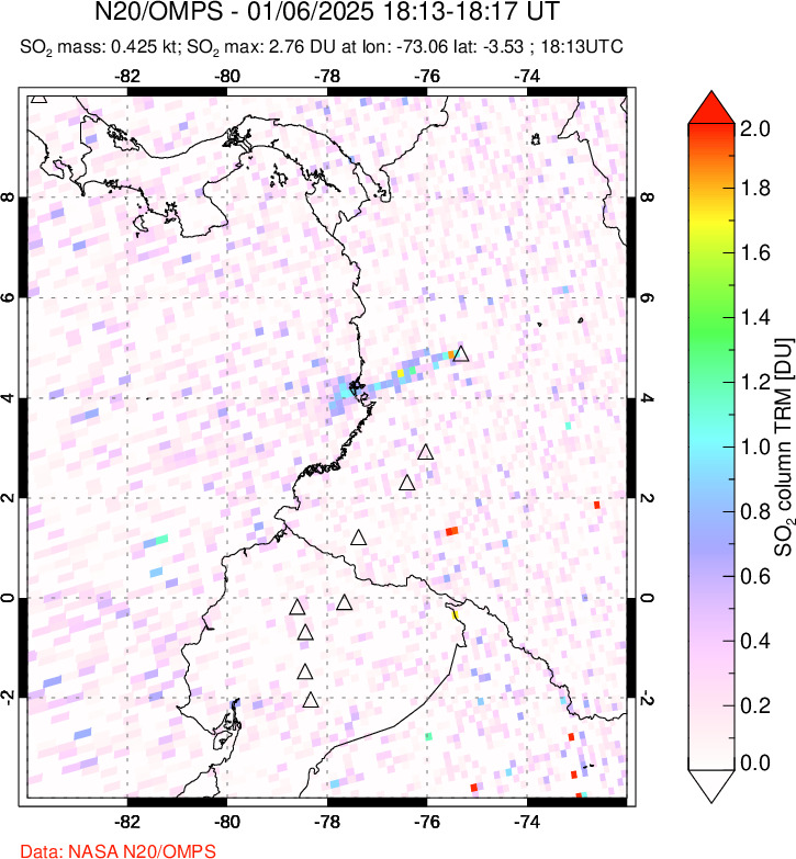 A sulfur dioxide image over Ecuador on Jan 06, 2025.