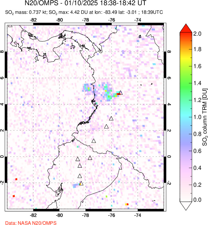 A sulfur dioxide image over Ecuador on Jan 10, 2025.