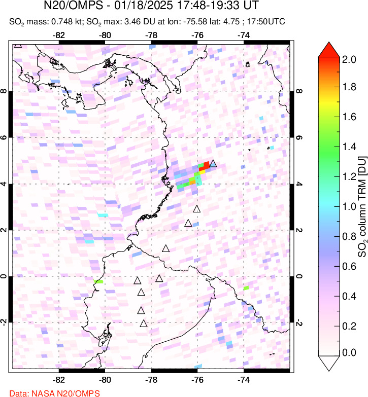 A sulfur dioxide image over Ecuador on Jan 18, 2025.