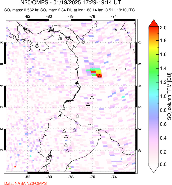 A sulfur dioxide image over Ecuador on Jan 19, 2025.