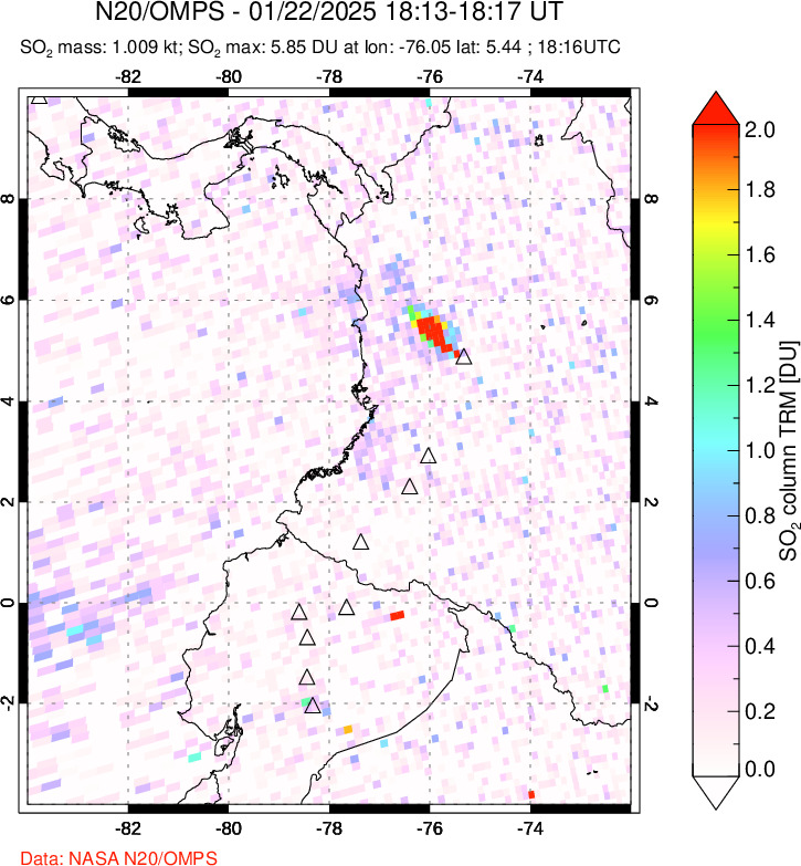 A sulfur dioxide image over Ecuador on Jan 22, 2025.