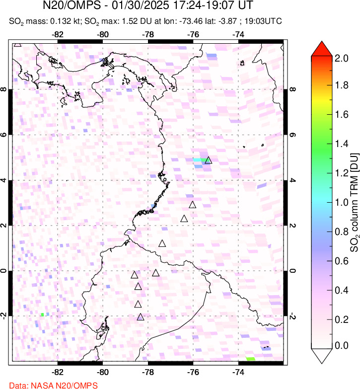 A sulfur dioxide image over Ecuador on Jan 30, 2025.