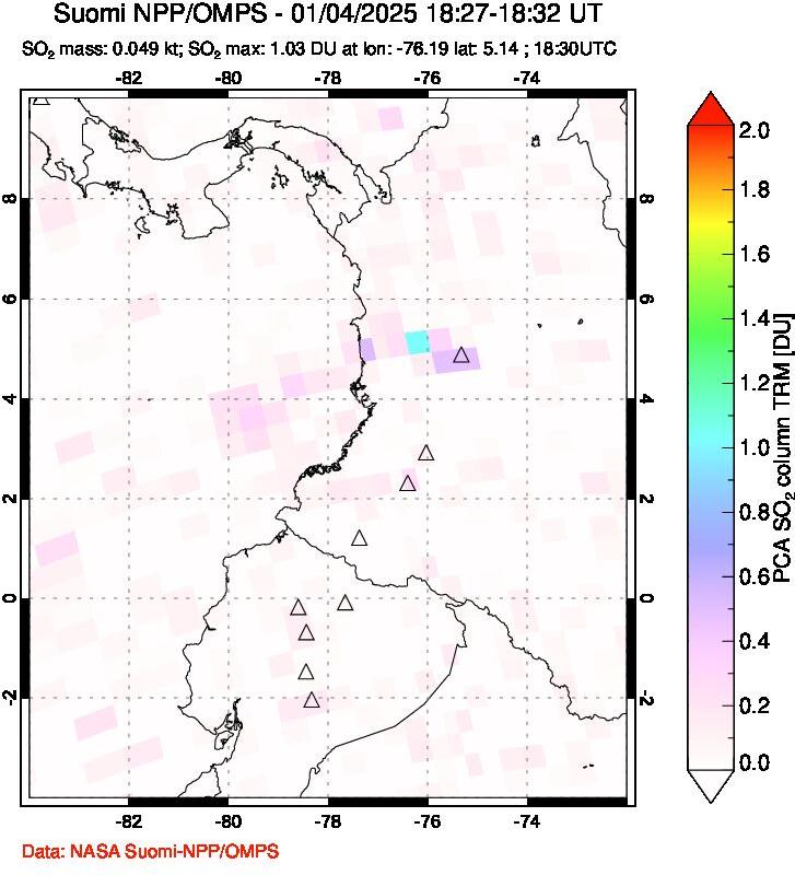 A sulfur dioxide image over Ecuador on Jan 04, 2025.