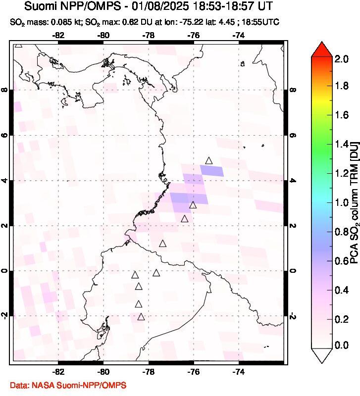 A sulfur dioxide image over Ecuador on Jan 08, 2025.