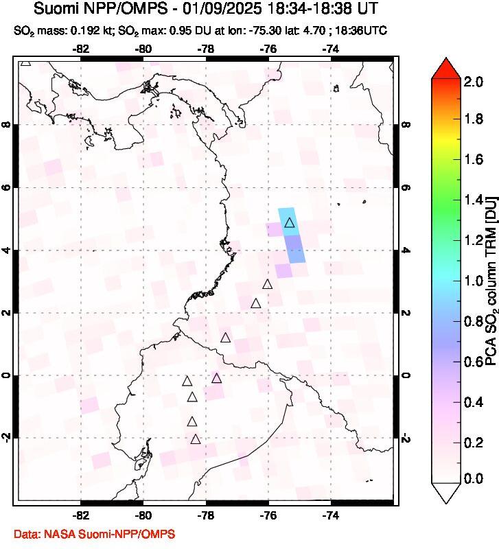 A sulfur dioxide image over Ecuador on Jan 09, 2025.