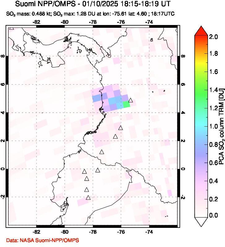 A sulfur dioxide image over Ecuador on Jan 10, 2025.