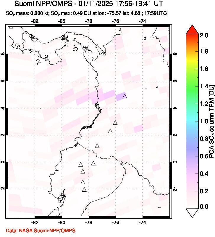 A sulfur dioxide image over Ecuador on Jan 11, 2025.