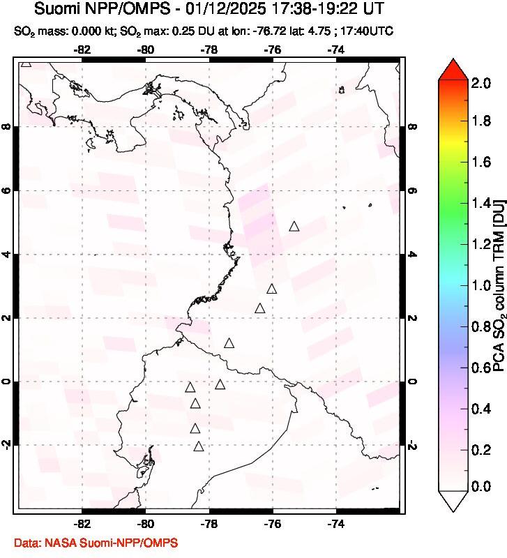 A sulfur dioxide image over Ecuador on Jan 12, 2025.